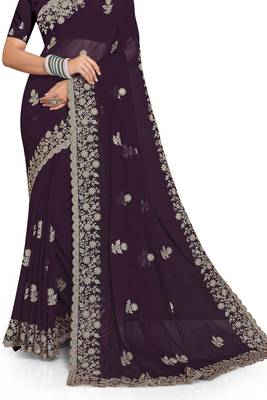 Purple Zari Embroidered Border Georgette Saree With Blouse Piece 4