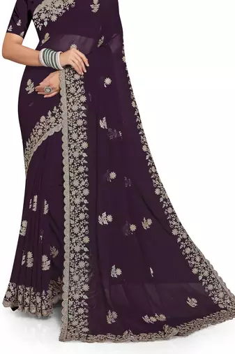 Purple Zari Embroidered Border Georgette Saree With Blouse Piece