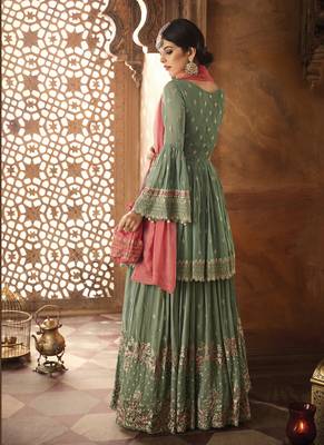 Green Embroidered Georgette Salwar Free size full stitched Up To 42" Size 3