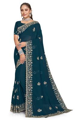 Teal Blue Zari Embroidered Border Georgette Saree With Blouse Piece 1