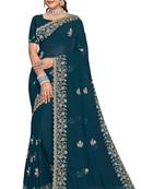Teal Blue Zari Embroidered Border Georgette Saree With Blouse Piece