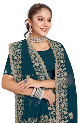 Teal Blue Zari Embroidered Border Georgette Saree With Blouse Piece 2