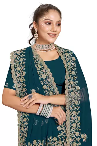 Teal Blue Zari Embroidered Border Georgette Saree With Blouse Piece