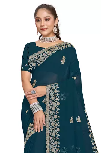 Teal Blue Zari Embroidered Border Georgette Saree With Blouse Piece