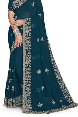 Teal Blue Zari Embroidered Border Georgette Saree With Blouse Piece 4