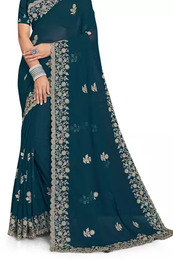 Teal Blue Zari Embroidered Border Georgette Saree With Blouse Piece