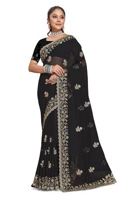 Black Zari Embroidered Border Georgette Saree With Blouse Piece 1