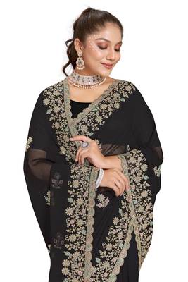 Black Zari Embroidered Border Georgette Saree With Blouse Piece 2