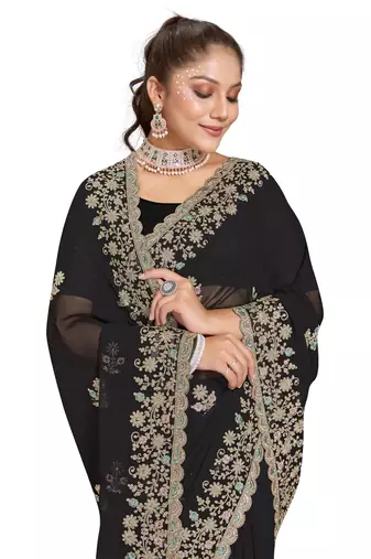 Black Zari Embroidered Border Georgette Saree With Blouse Piece