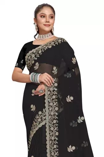Black Zari Embroidered Border Georgette Saree With Blouse Piece