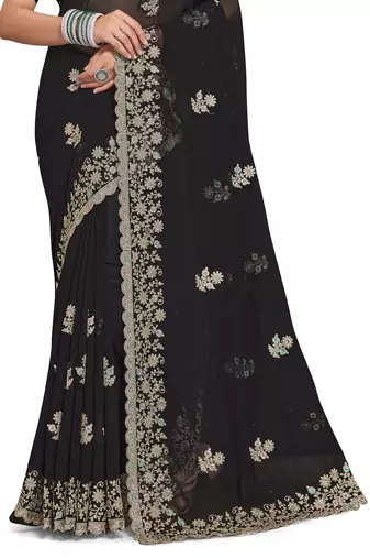 Black Zari Embroidered Border Georgette Saree With Blouse Piece