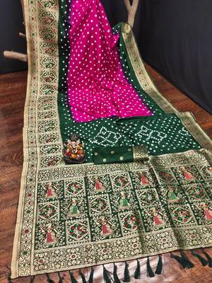 Pink Beautiful Boutique Bandhej With Faux KANJIVARAM Border Zari Weaving Rich Pallu Saree With Blouse For Women 1