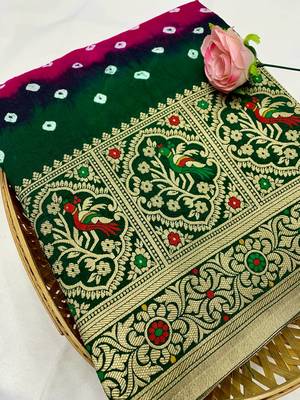 Pink Beautiful Boutique Bandhej With Faux KANJIVARAM Border Zari Weaving Rich Pallu Saree With Blouse For Women 2