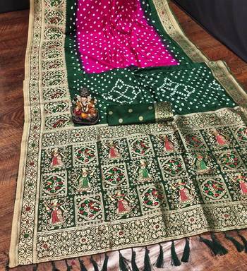 Pink Beautiful Boutique Bandhej With Faux KANJIVARAM Border Zari Weaving Rich Pallu Saree With Blouse For Women 3