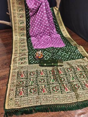 Purple Beautiful Boutique Bandhej With Faux KANJIVARAM Border Zari Weaving Rich Pallu Saree With Blouse For Women 1