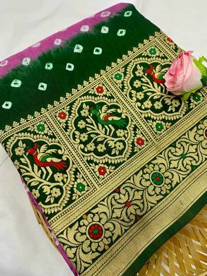 Purple Beautiful Boutique Bandhej With Faux KANJIVARAM Border Zari Weaving Rich Pallu Saree With Blouse For Women 2