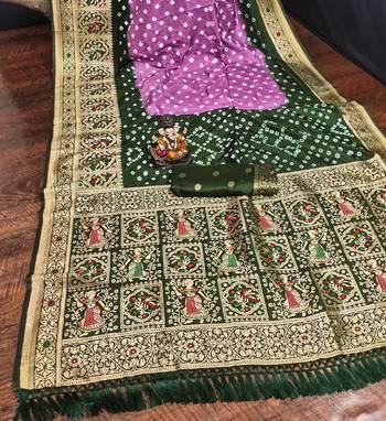 Purple Beautiful Boutique Bandhej With Faux KANJIVARAM Border Zari Weaving Rich Pallu Saree With Blouse For Women 3