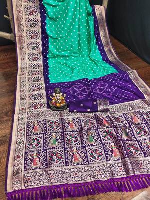 Teal Beautiful Boutique Bandhej With KANJIVARAM Border Zari Weaving Rich Pallu Saree With Blouse For Women 1