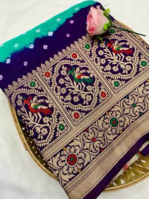 Teal Beautiful Boutique Bandhej With KANJIVARAM Border Zari Weaving Rich Pallu Saree With Blouse For Women 2