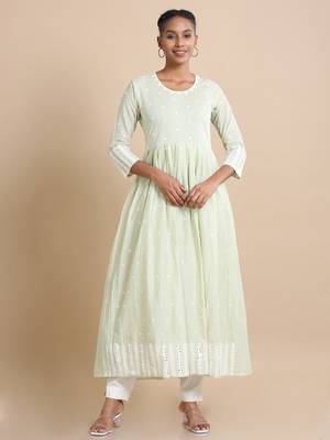 Hassu's women light green full sleeves cotton mirror work regular fit ankle length dress 1
