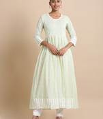 Hassu's women light green full sleeves cotton mirror work regular fit ankle length dress