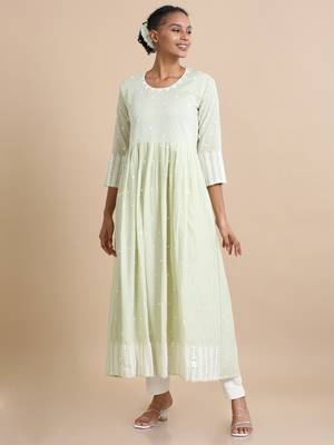 Hassu's women light green full sleeves cotton mirror work regular fit ankle length dress 2