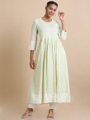 Hassu's women light green full sleeves cotton mirror work regular fit ankle length dress 3