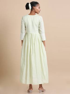 Hassu's women light green full sleeves cotton mirror work regular fit ankle length dress 4