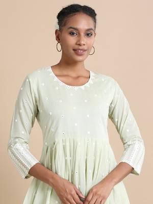 Hassu's women light green full sleeves cotton mirror work regular fit ankle length dress 5