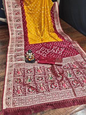 Yellow Beautiful Boutique Bandhej With Faux KANJIVARAM Border Zari Weaving Rich Pallu Saree With Blouse For Women 1
