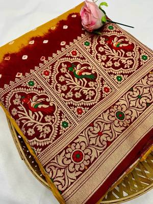 Yellow Beautiful Boutique Bandhej With Faux KANJIVARAM Border Zari Weaving Rich Pallu Saree With Blouse For Women 2