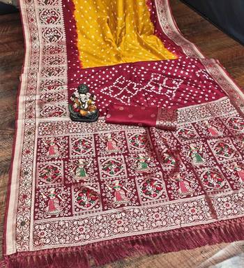 Yellow Beautiful Boutique Bandhej With Faux KANJIVARAM Border Zari Weaving Rich Pallu Saree With Blouse For Women 3