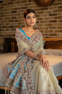 Pankti Carolina Blue Pure Cotton Jamdani Saree 5