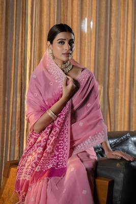 Nithya rose pink mulmul pure cotton jamdani saree 1