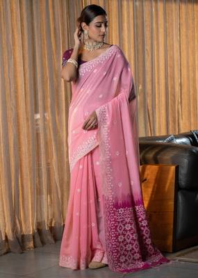 Nithya rose pink mulmul pure cotton jamdani saree 2
