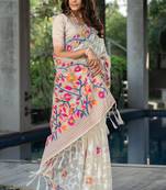 Off White Cotton Multicolor Floral Printed Jamdani Saree