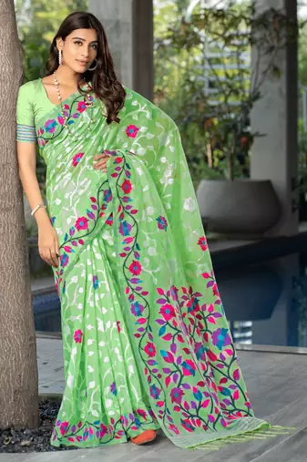 Ruhani Mint Green Pure Cotton Jamdani Saree