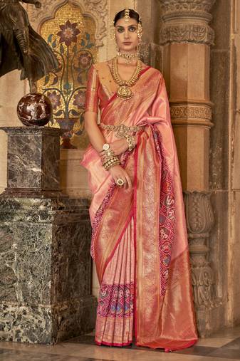 Elora Soft Silk Faux Banarasi Brocade Zari Woven Saree For Women Peach  