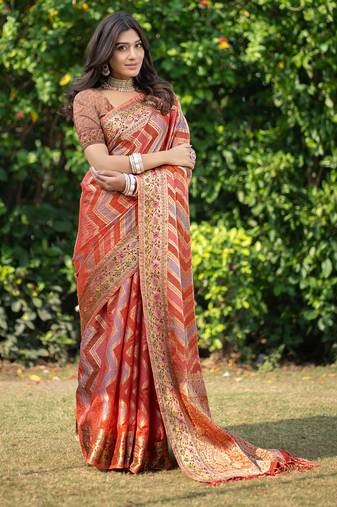 Rangkat Pumpkin Orange Leheriya Design Faux Banarasi Organza Saree