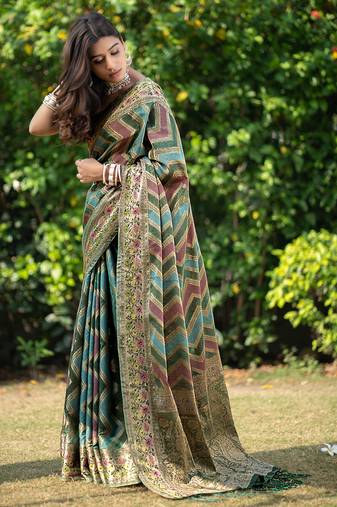 Rangkat Pickle Green Leheriya Design Faux Banarasi Organza Saree