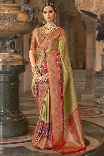Elora Soft Silk Faux Banarasi Brocade Zari Woven Saree For Women Mehendi Green  