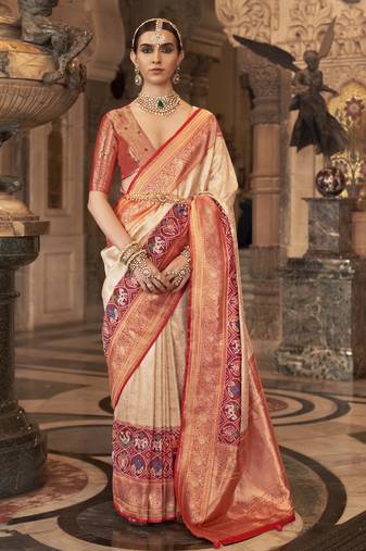 Elora Soft Silk Faux Banarasi Brocade Zari Woven Saree For Women Off-White  