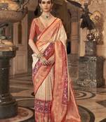 Elora Soft Silk Faux Banarasi Brocade Zari Woven Saree For Women Off-White  