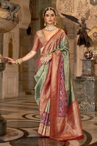 Elora Soft Silk Faux Banarasi Brocade Zari Woven Saree For Women Sea Green  