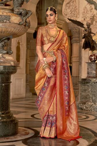 Elora Soft Silk Faux Banarasi Brocade Zari Woven Saree For Women Orange  