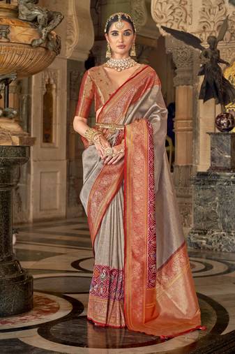 Elora Soft Silk Faux Banarasi Brocade Zari Woven Saree For Women Grey  