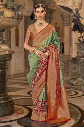 Elora Soft Silk Faux Banarasi Brocade Zari Woven Saree For Women Green  