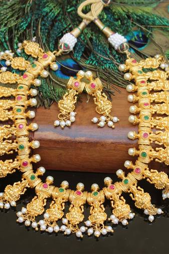 Gold platted lakshmi ruby pearl necklace set