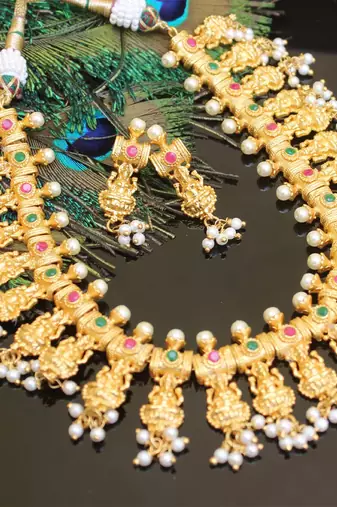 Gold platted lakshmi ruby pearl necklace set