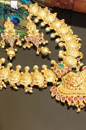 Gold platted mango lakshmi ruby necklace set